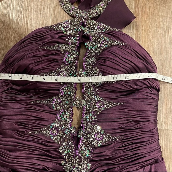 Y2K Evening Halter Gown Women’s Size 12 Small Purple Satin Beaded Prom Wedding - Picture 8 of 14